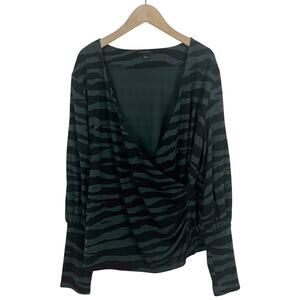 Ann Taylor Black and Green Striped Zebra Print Wrap Front Top Size Large